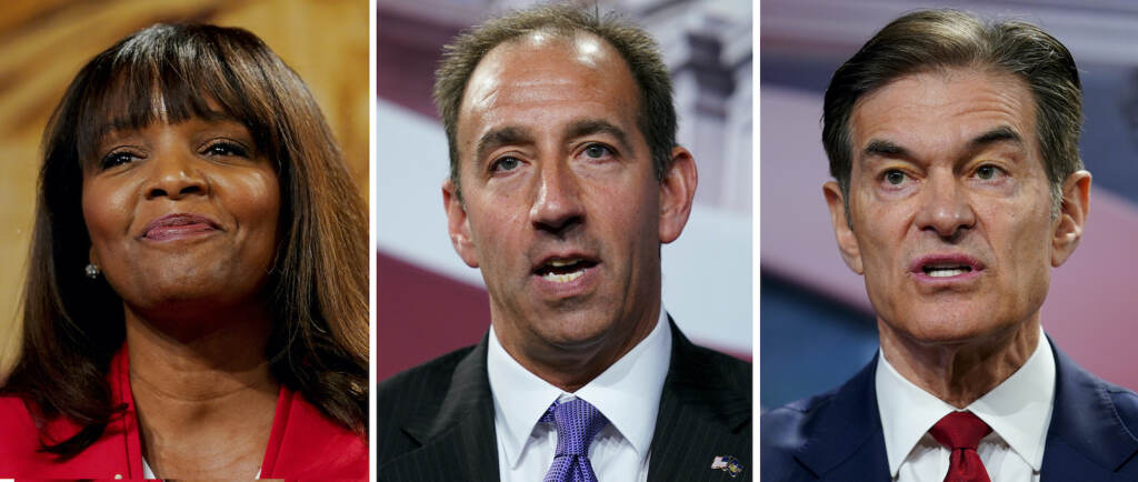 Election 2022 Pennsylvania Senate Republicans Kathy Barnette, Jeff Bartos, and Mehmet Oz are seen in side-by-side photos
