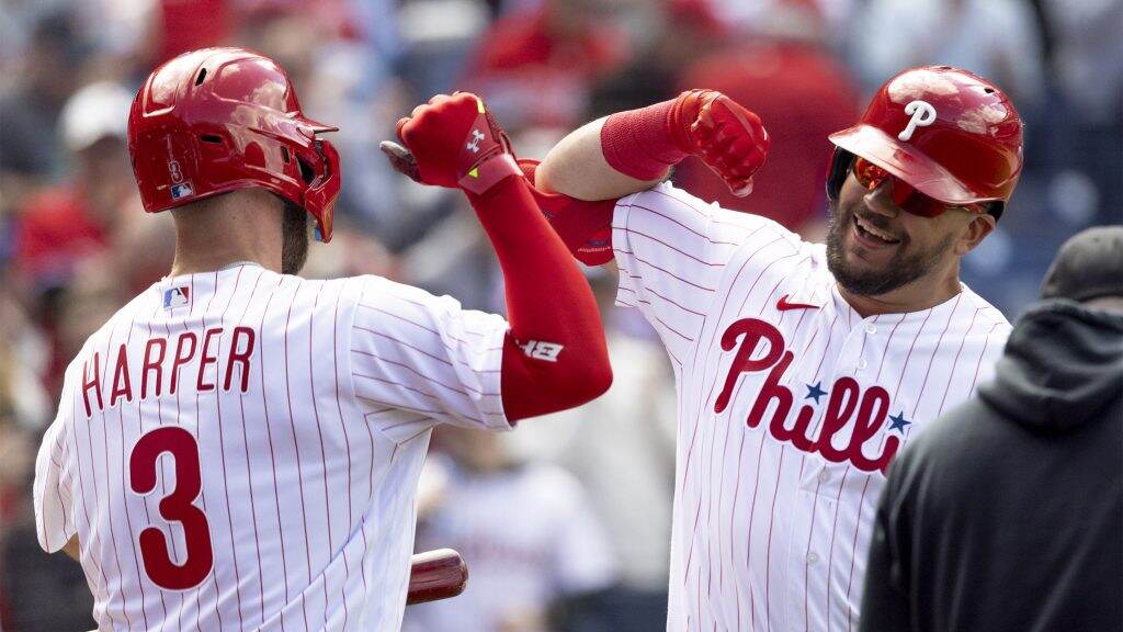 phillies-harper-schwarber-crop-1024×576 New outfielder Kyle Schwarber celebrates with Bryce Harper after hitting a home run in his first at-bat during the 2022 season opener against the Oakland Athletics on Friday.