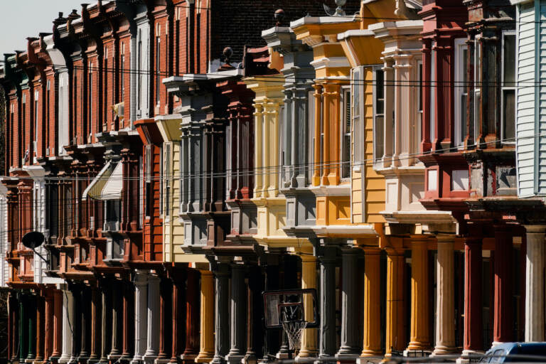 A closeup of detailing on Philly row houses