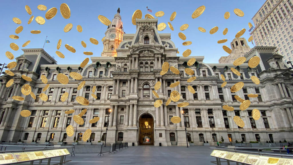 phillycityhall-bitcoin An illustration of Philly City Hall is overlayed with bitcoin