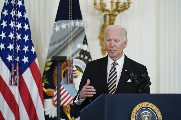 President Joe Biden speaks during the 2022 National and State Teachers of the Year event in the East Room of the White House in Washington, Wednesday, April 27, 2022. (AP Photo/Susan Walsh)