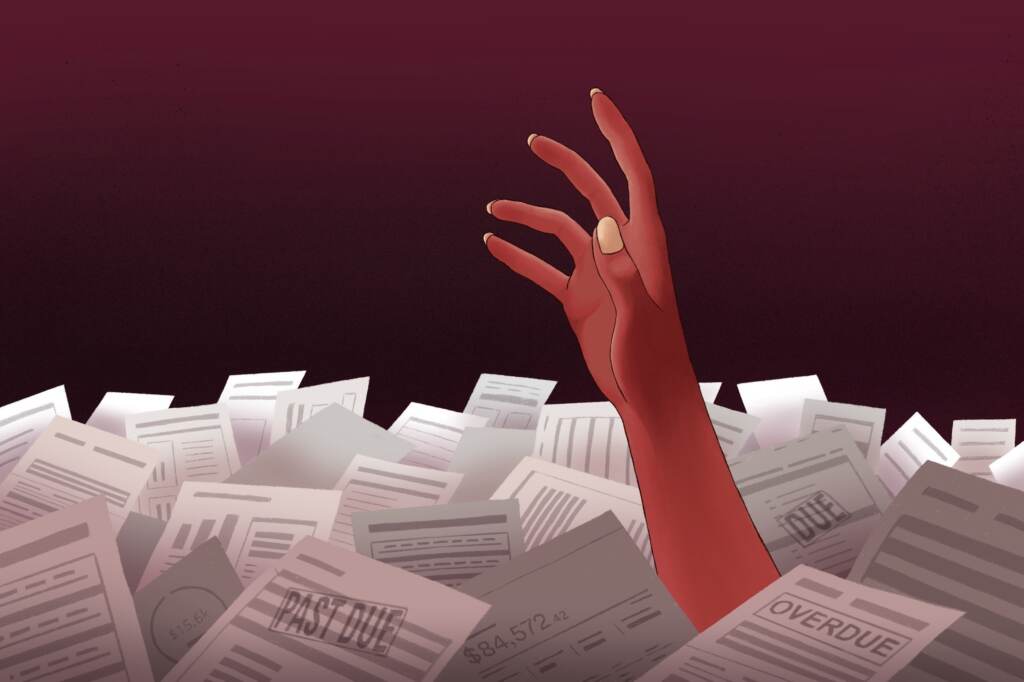 Student loans are burying borrowers. An illustration of a hand reaches out from a pile of papers.