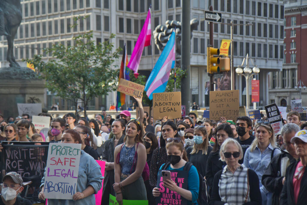 Hundreds of people protest outside City Hall in support of abortion rights