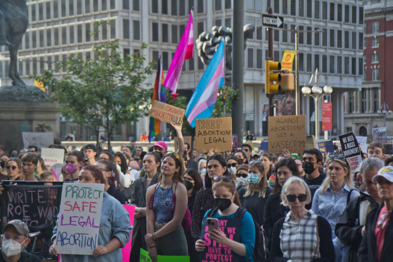 Hundreds of people protest outside City Hall in support of abortion rights
