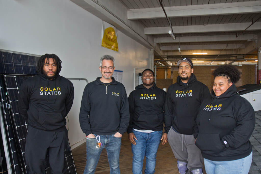 2022 05 09 k paynter solar states class (From left) Solar States students Jay Fitzgerald, instructor and founder Micah Gold-Markel, Malik Hunt-David, Isiah Smith, and Justine Michalczyk
