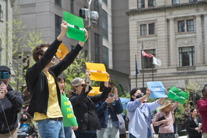 The Greater Philadelphia Cultural Alliance held a rally outside City Hall demanding more funding for the city’s arts organizations on May 11, 2022. (Kimberly Paynter/WHYY)