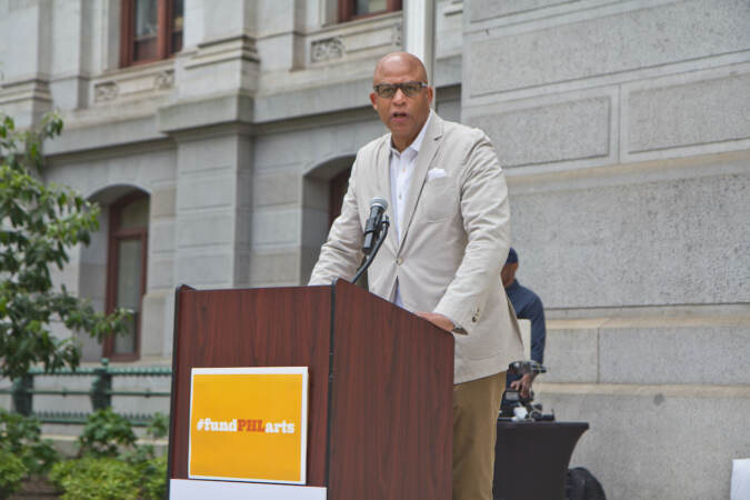 Eric Pryor, President and CEO of the Pennsylvania Academy of Fine Arts spoke about the importance of art education at the #fundPHLarts rally outside City Hall in Philadelphia on May 11, 2022. (Kimberly Paynter/WHYY)
