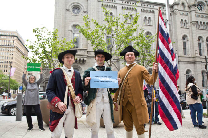 Historical reenactors from Fort Mifflin attended a rally for the #fundPHLarts rally outside City Hall in Philadelphia on May 11, 2022. (Kimberly Paynter/WHYY)