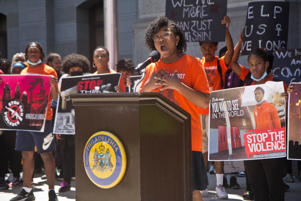 2022 05 31 k paynter student rally against gun violence (1 of 1)-11 15 year-old Kayla Waddington talked about the need for places for young people to feel safe at a rally against the Philadelphia’s violence crisis outside City Hall on May 31, 2022. (Kimberly Paynter/WHYY)