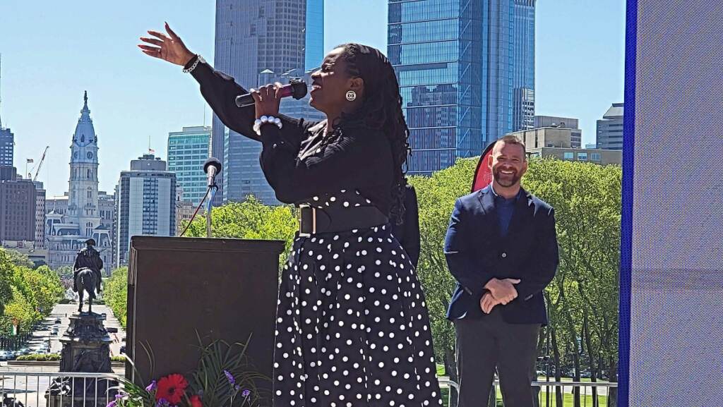 20220510_103440 new Gospel singer Treena Ferebee at the announcement of the 2022 Welcome America Festival. (Tom MacDonald/WHYY)