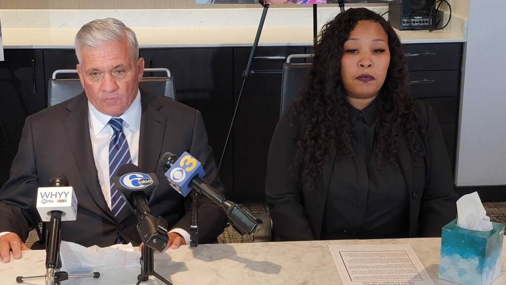 20220512_141620 Tawainna Anderson (right) and her attorney at the announcement of Anderson's suit in Philadelphia U.S. District Court against TikTok. (Tom MacDonald/WHYY)