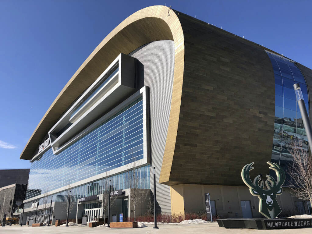 This March 11, 2019 photo shows the Fiserv Forum, Milwaukee's new downtown arena that opened in the summer of 2018. (AP Photo/Carrie Antlfinger)