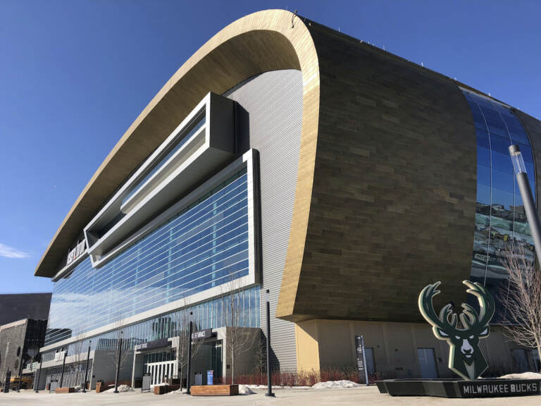 This March 11, 2019 photo shows the Fiserv Forum, Milwaukee's new downtown arena that opened in the summer of 2018. (AP Photo/Carrie Antlfinger)