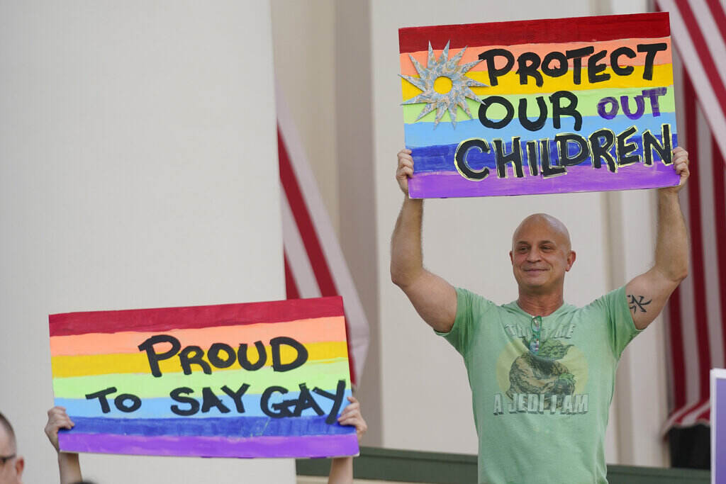 Florida Same Sex Silencing Demonstrators gather on the steps of the Florida Historic Capitol Museum in front of the Florida State Capitol, Monday, March 7, 2022, in Tallahassee, Fla. (AP Photo/Wilfredo Lee)