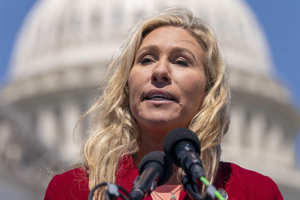 Marjorie Taylor Greene Rep. Marjorie Taylor Greene, R-Ga., speaks about Twitter, Thursday, April 28, 2022, on Capitol Hill in Washington. (AP Photo/Jacquelyn Martin)