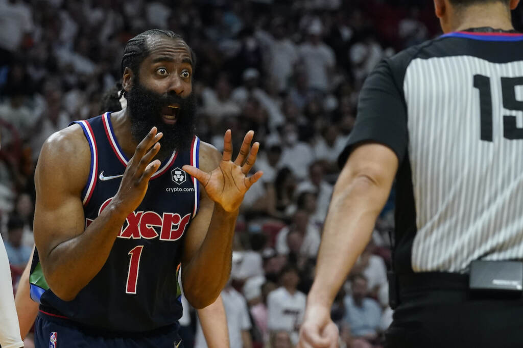 James Harden,Zach Zarba Philadelphia 76ers guard James Harden (1) reacts to a call by referee Zach Zarba (15) during the second half of Game 2 of an NBA basketball second-round playoff series against the Miami Heat, Wednesday, May 4, 2022, in Miami. (AP Photo/Marta Lavandier)