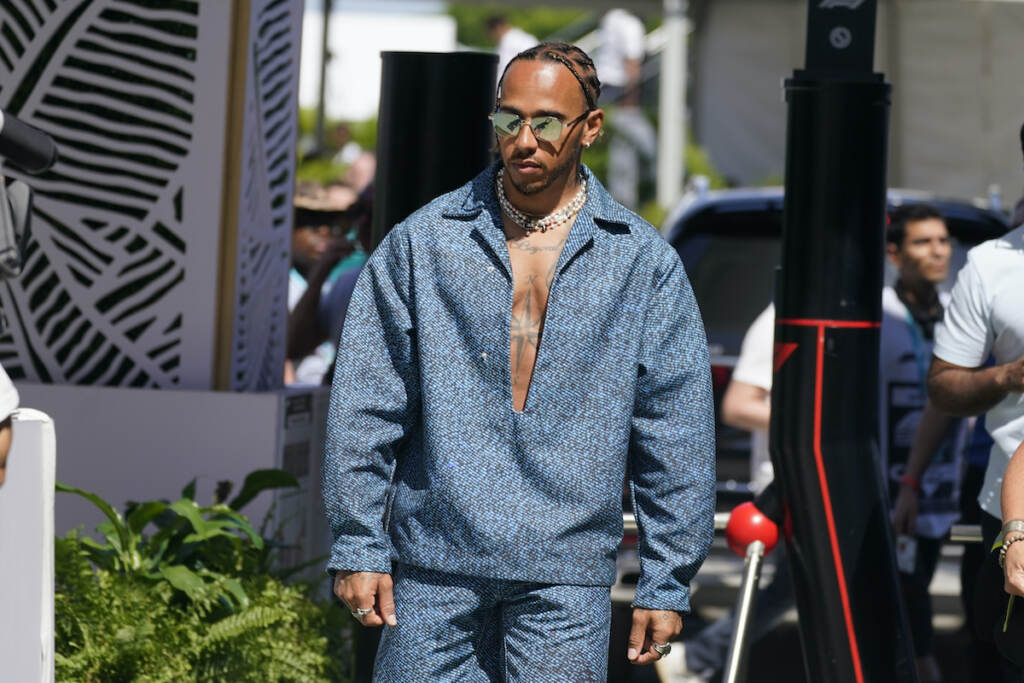 F1 Miami Grand Prix Auto Racing Mercedes driver Lewis Hamilton of Britain arrives at the Formula One Miami Grand Prix auto race at Miami International Autodrome, Friday, May 6, 2022, in Miami Gardens, Fla. (AP Photo/Darron Cummings)