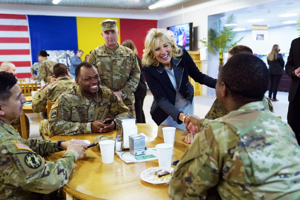 APTOPIX Russia Ukraine War Jill Biden First lady Jill Biden meets U.S. troops during a visit to the Mihail Kogalniceanu Air Base in Romania, Friday, May 6, 2022. (AP Photo/Susan Walsh, Pool)