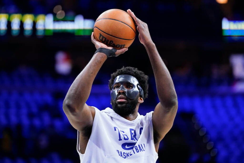 Heat 76ers Basketball Philadelphia 76ers' Joel Embiid warms up before Game 3 of an NBA basketball second-round playoff series against the Miami Heat, Friday, May 6, 2022, in Philadelphia. (AP Photo/Matt Slocum)