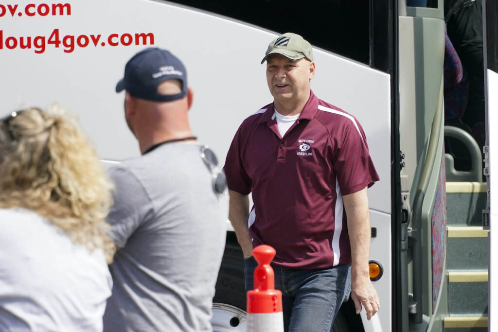 Election 2022-Governor-Pennsylvania File photo: Pennsylvania state Sen. Doug Mastriano, R-Franklin, right,,a Republican running for Governor of Pennsylvania, arrives at a campaign stop Tuesday, May 10, 2022, in Portersville, Pa. (AP Photo/Keith Srakocic)