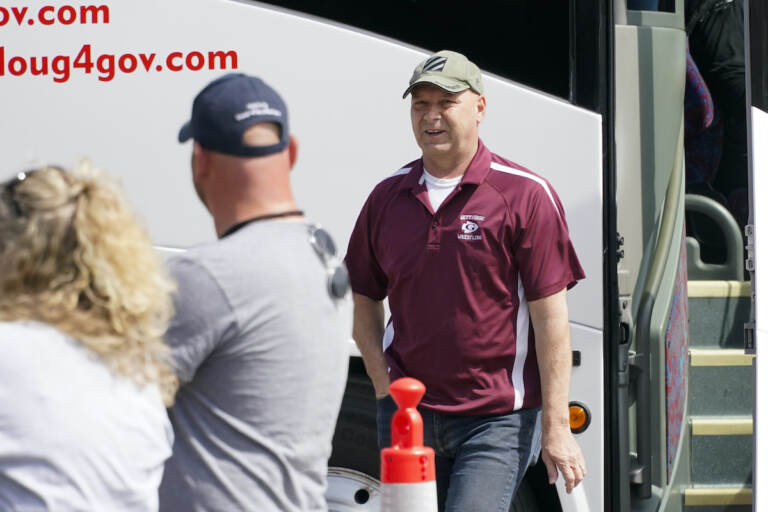 File photo: Pennsylvania state Sen. Doug Mastriano, R-Franklin, right,,a Republican running for Governor of Pennsylvania, arrives at a campaign stop Tuesday, May 10, 2022, in Portersville, Pa. (AP Photo/Keith Srakocic)