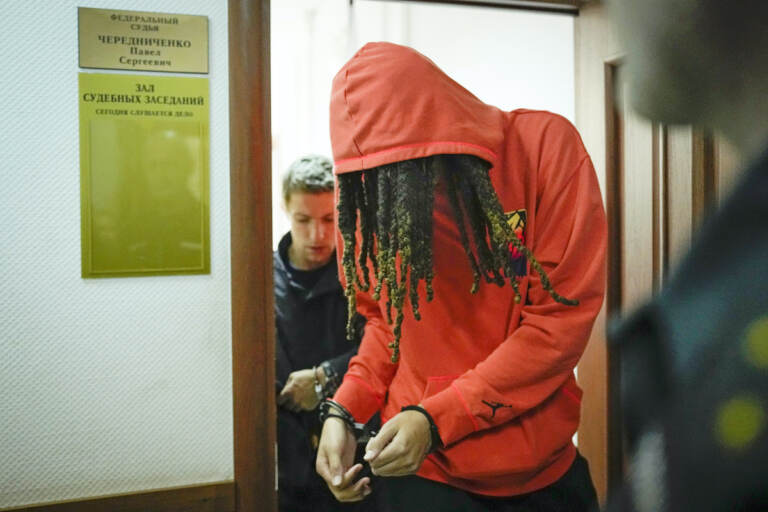 WNBA star and two-time Olympic gold medalist Brittney leaves a courtroom in Khimki just outside Moscow, Russia, Friday, May 13, 2022. Griner was detained Feb. 17 and a hearing in a Russian court could come as early as Friday, or anytime before May 19 when her detention period is scheduled to end. The court will likely extend her pre-trial detention. (AP Photo/Alexander Zemlianichenko)