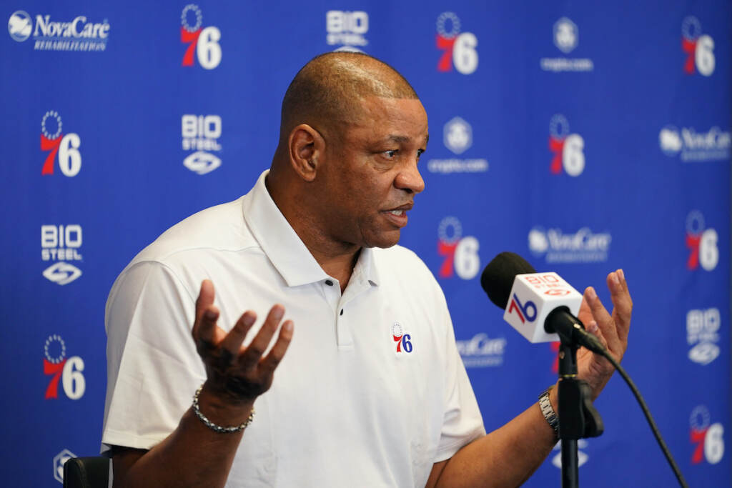 76ers Basketball Philadelphia 76ers' Doc Rivers speaks during a news conference at the team's NBA basketball practice facility, Friday, May 13, 2022, in Camden, N.J. (AP Photo/Matt Slocum)