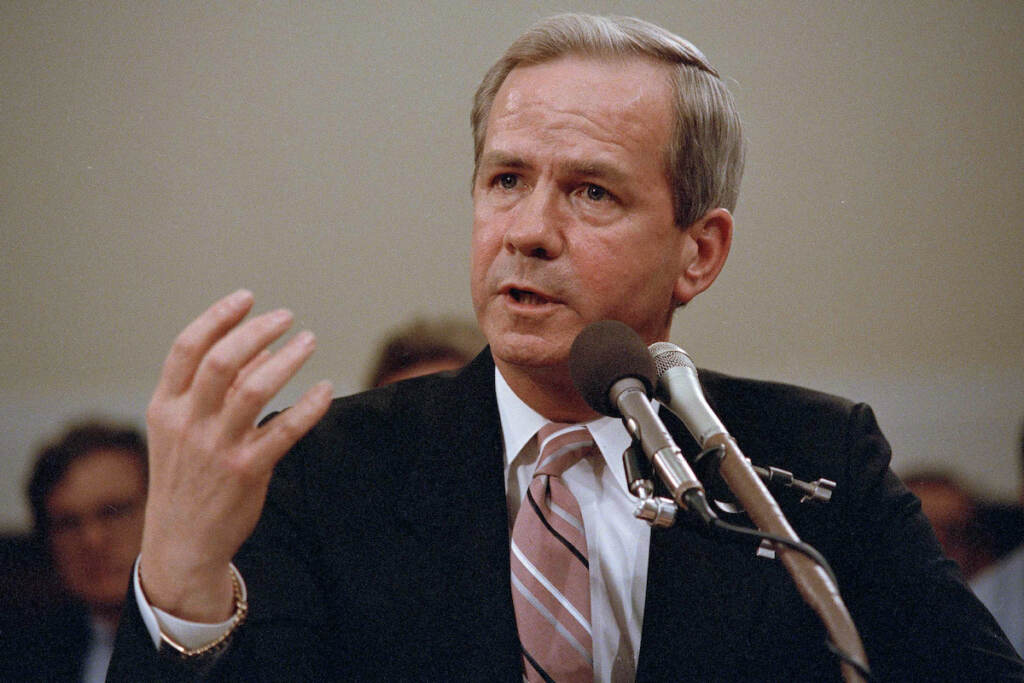 Obit McFarlane File photo: Former national security adviser Robert C. McFarlane gestures while testifying before the House-Senate panel investigating the Iran-Contra affair on Capitol Hill in Washington, May 13, 1987. (AP Photo/Lana Harris, File)