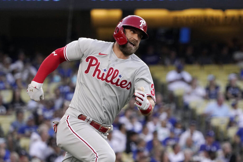 Bryce Harper File photo: Philadelphia Phillies' Bryce Harper rounds first on his way to a double during the first inning of a baseball game against the Los Angeles Dodgers Saturday, May 14, 2022, in Los Angeles. (AP Photo/Mark J. Terrill)