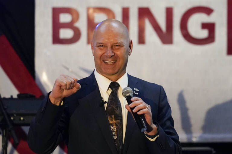 State Sen. Doug Mastriano, R-Franklin, a Republican candidate for Governor of Pennsylvania, speaks at a primary night election gathering in Chambersburg, Pa., Tuesday, May 17, 2022. (AP Photo/Carolyn Kaster)