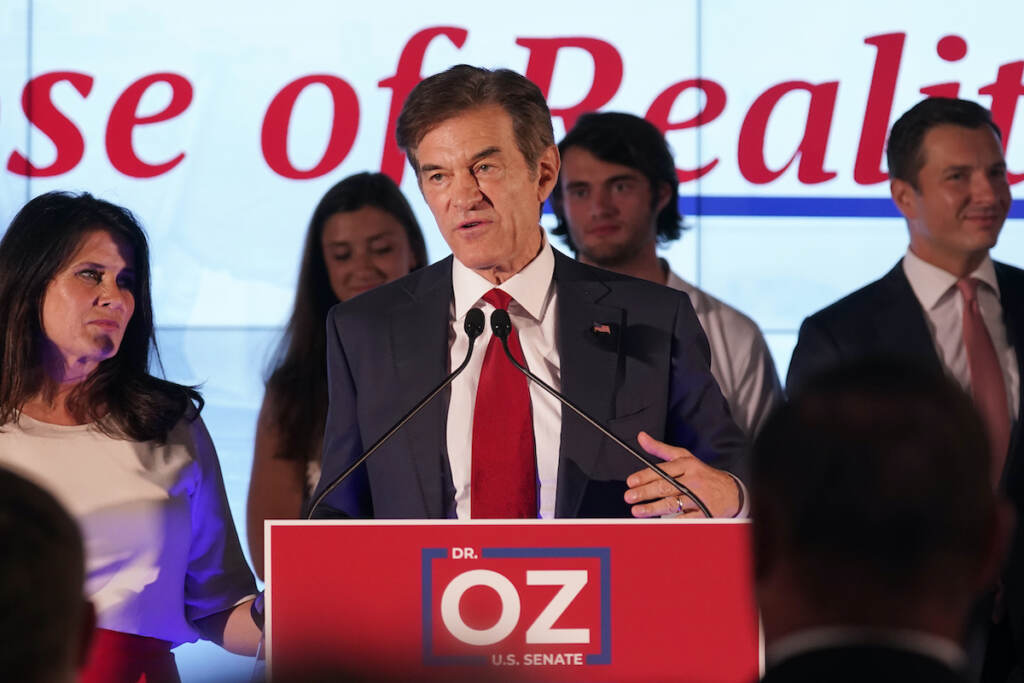 Mehmet Oz Mehmet Oz, a Republican candidate for U.S. Senate in Pennsylvania, speaks to supporters at a primary night election gathering in Newtown, Pa., Tuesday, May 17, 2022. (AP Photo/Seth Wenig)