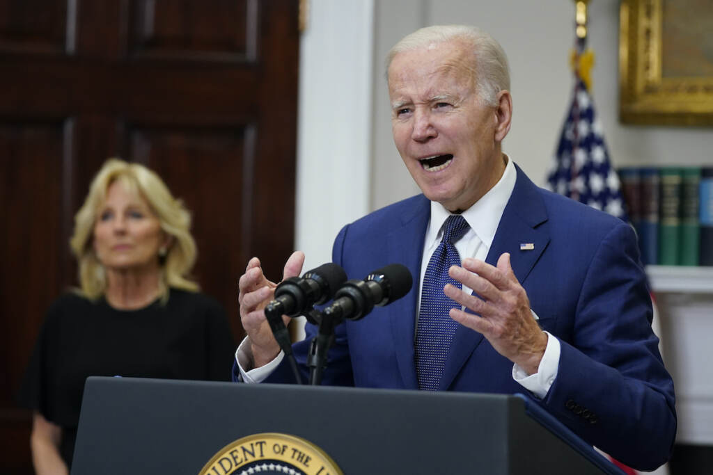 Joe Biden President Joe Biden speaks to the nation about the mass shooting at Robb Elementary School in Uvalde, Texas, from the White House, in Washington, Tuesday, May 24, 2022, as first lady Jill Biden listens. (AP Photo/Manuel Balce Ceneta)