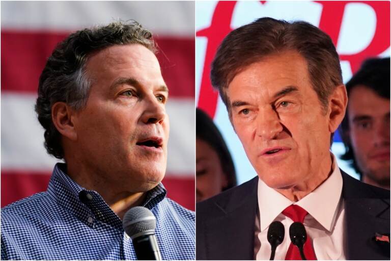 David McCormick (left) and Mehmet Oz, Republican candidates for U.S. Senate in Pennsylvania. (Matt Rourke and Seth Wenig/AP Photo) 