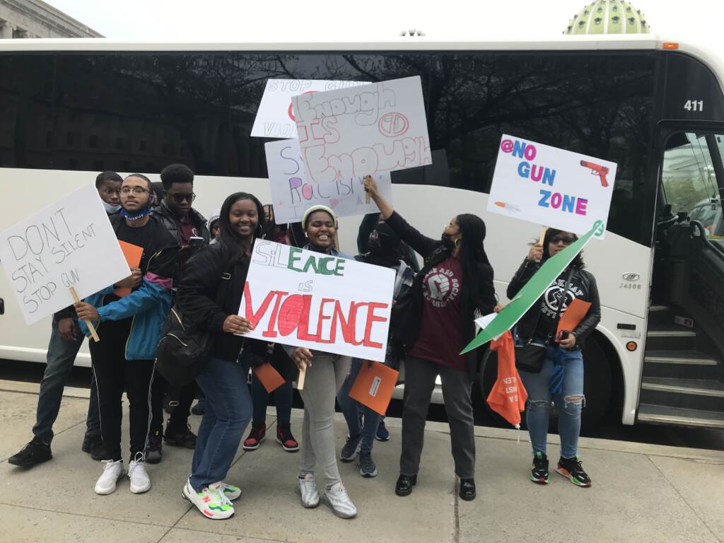 advoacy-day-ceasefire-pa-20220519-5 A group of Philadelphia teens advocate for stronger gun policies is in Harrisburg, PA on April 26. The group was organized by Ceasefire PA, and some of them remain active on the issue through the Enough is Enough steering committee. (Courtesy of CeaseFirePA)