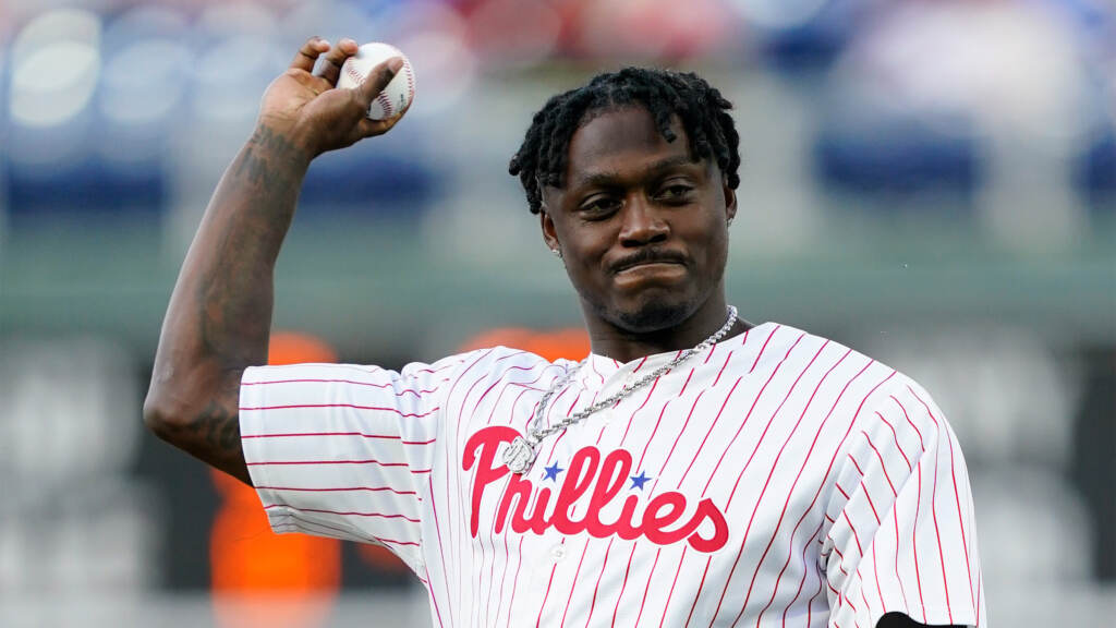 A.J. Brown throws the first pitch at a Phillies game
