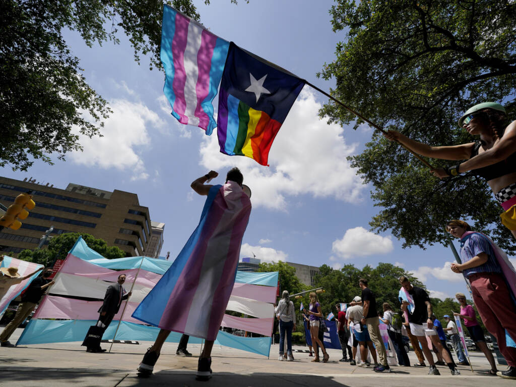 Demonstrators gather on the steps to the State Capitol to speak against transgender-related legislation bills being considered in the Texas Senate and Texas House in May 2021 in Austin, Texas. File photo: Demonstrators gather on the steps to the State Capitol to speak against transgender-related legislation bills being considered in the Texas Senate and Texas House in May 2021 in Austin, Texas. (Eric Gay/AP)