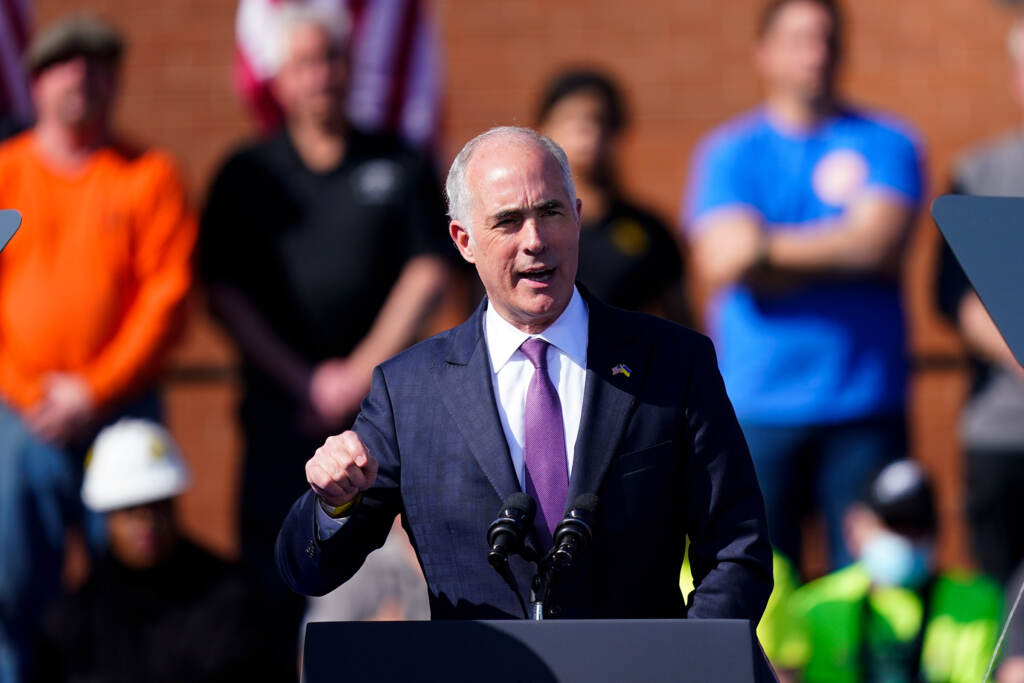 Harris Sen. Bob Casey, D-Pa., speaks at the Metal Worker's Local Union No. 19 in Philadelphia, Tuesday, April 12, 2022. (AP Photo/Matt Rourke)