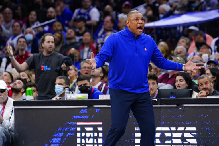 Doc Rivers of the 76ers reacts on the sidelines during a playoff game.