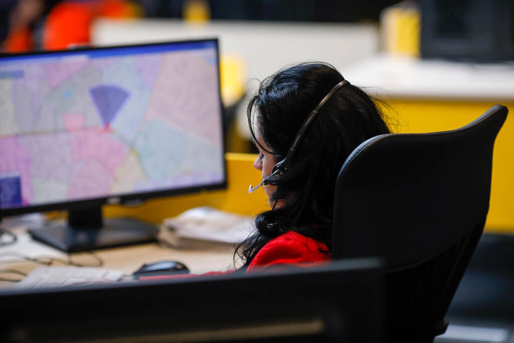 Bucharest, Romania – February 11, 2020: Shallow Depth Of Field ( An emergency call center operator.