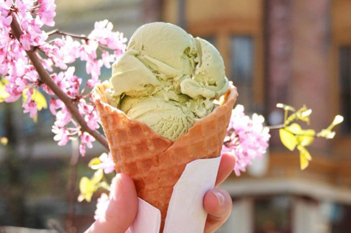 franklinfountain-icecream-green An up-close shot of an ice cream cone with green ice cream, and pink flowers in the background.