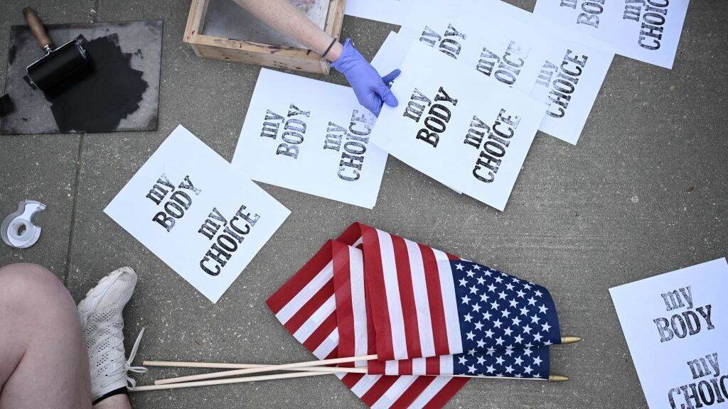 Pro-choice demonstrators make signs Tuesday in front of the U.S. Supreme Court in Washington.
(Brendan Smialowski/AFP via Getty Images)