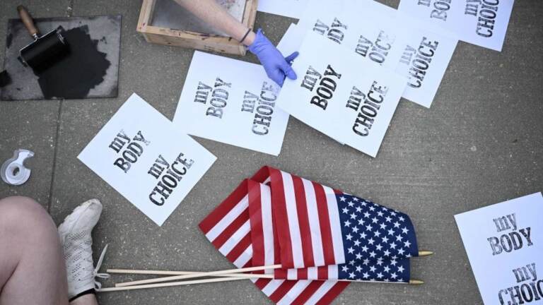 Pro-choice demonstrators make signs Tuesday in front of the U.S. Supreme Court in Washington.
(Brendan Smialowski/AFP via Getty Images)