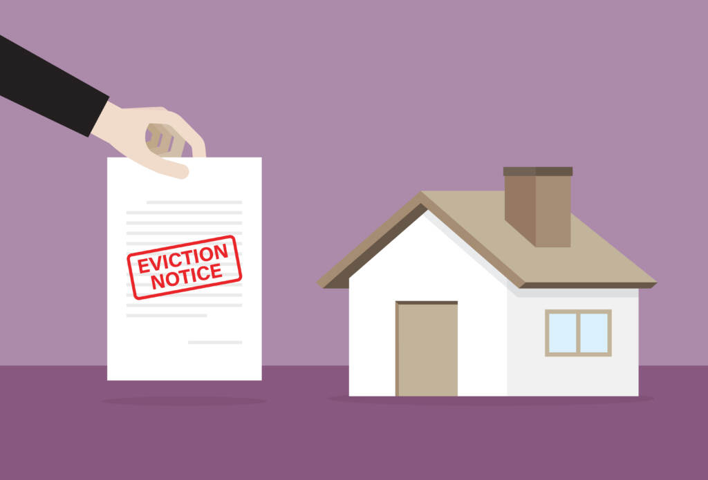 Eviction filings are rising even as rents spike and inflation cuts deeper into household budgets. An illustration of a hand holding an eviction notice next to a house