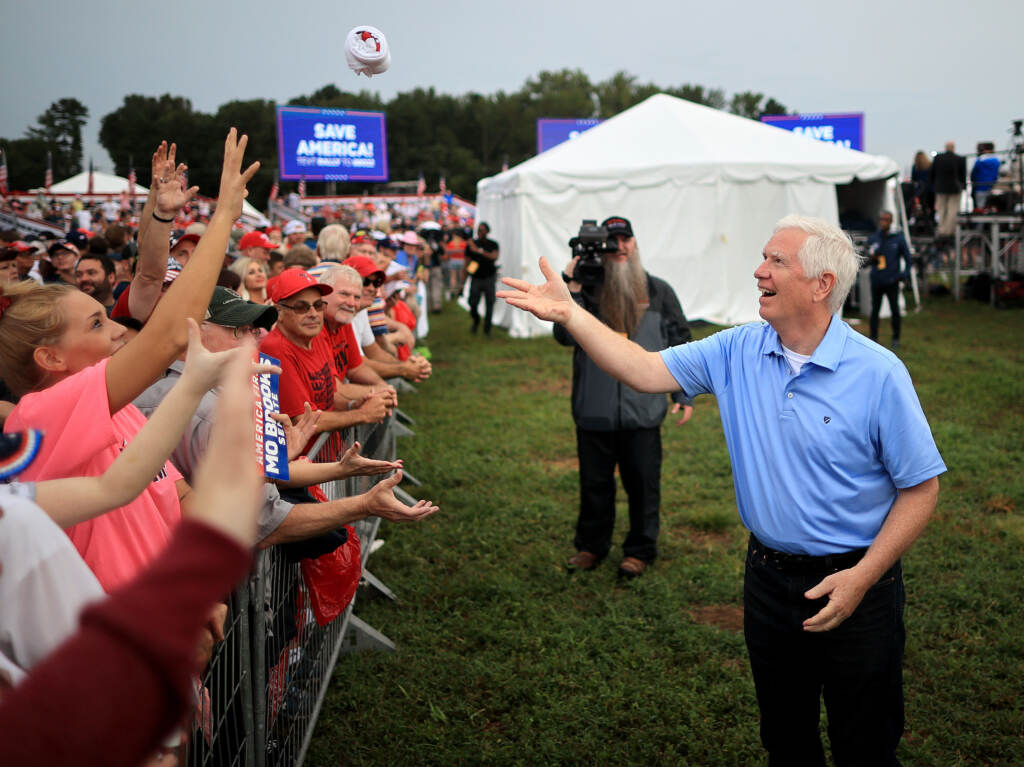 Rep. Mo Brooks greets supporters while campaigning during a “Save America” rally at York Family Farms on August 21, 2021 in Cullman, Alabama. Rep. Mo Brooks greets supporters while campaigning during a