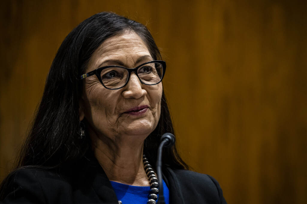 Senate Committee Questions Interior Secretary Haaland On Proposed Budget Close-up of Secretary of Interior Deb Haaland.
