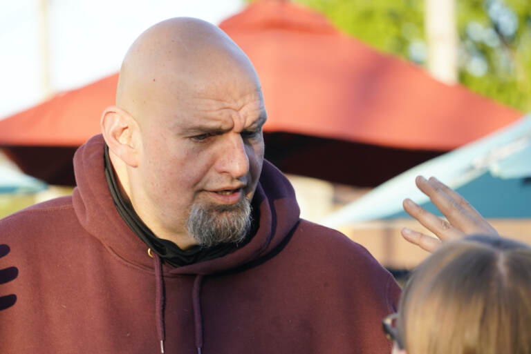 Pennsylvania Lt. Governor John Fetterman, who is running for the Democratic nomination for the U.S. Senate for Pennsylvania, greets supporters at a campaign stop, Tuesday, May 10, 2022, in Greensburg, Pa. (AP Photo/Keith Srakocic)