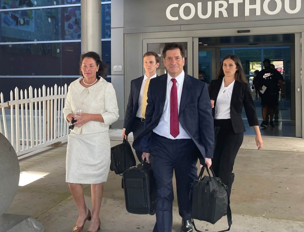 mcguiness legal team Indicted Delaware auditor Kathy McGuiness (left) leaves Monday's abbreviated court session with defense lawyers Dean Elwell, Steve Wood and Chelsea Botsch.