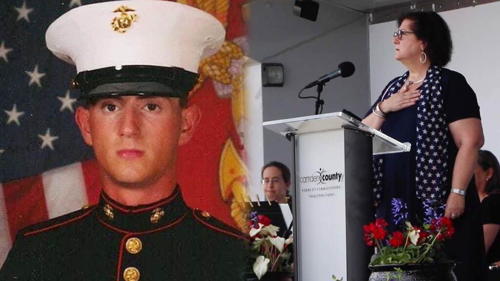 memorial-day-camden-county-new-jersey A photo of a soldier who was killed in Afghanistan is shown in one photo, alongside of a photo of his mother speaking at a Memorial Day event in Camden County, N.J.