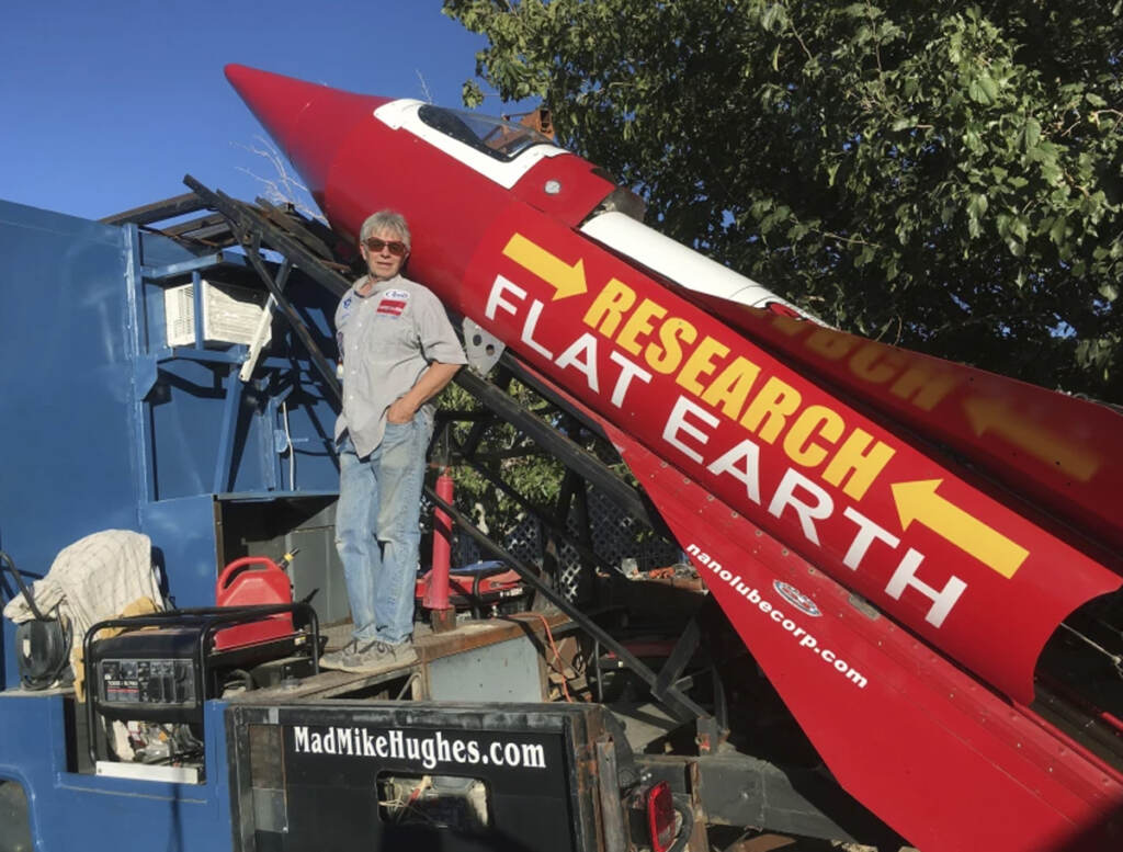 mike_hughes_01 A 2017 photo shows daredevil “Mad Mike” Hughes with his steam-powered rocket constructed out of salvage parts. (Waldo Stakes / AP)
