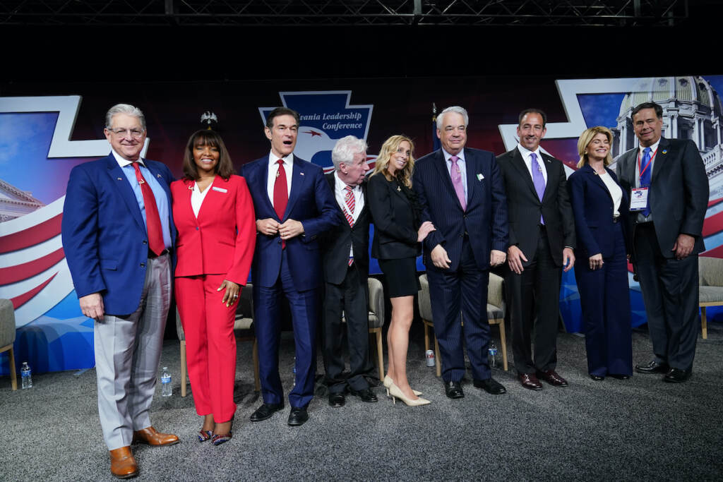 Election-2022-Pennsylvania Republicans George Bochetto, Kathy Barnette, Mehmet Oz, Jeffrey Lord, Rose Tennent, John Gizzie, Jeff Bartos, Carla Sands, and Lowman Henry pose for a photograph during a forum for Republican candidates for U.S. Senate in Pennsylvania